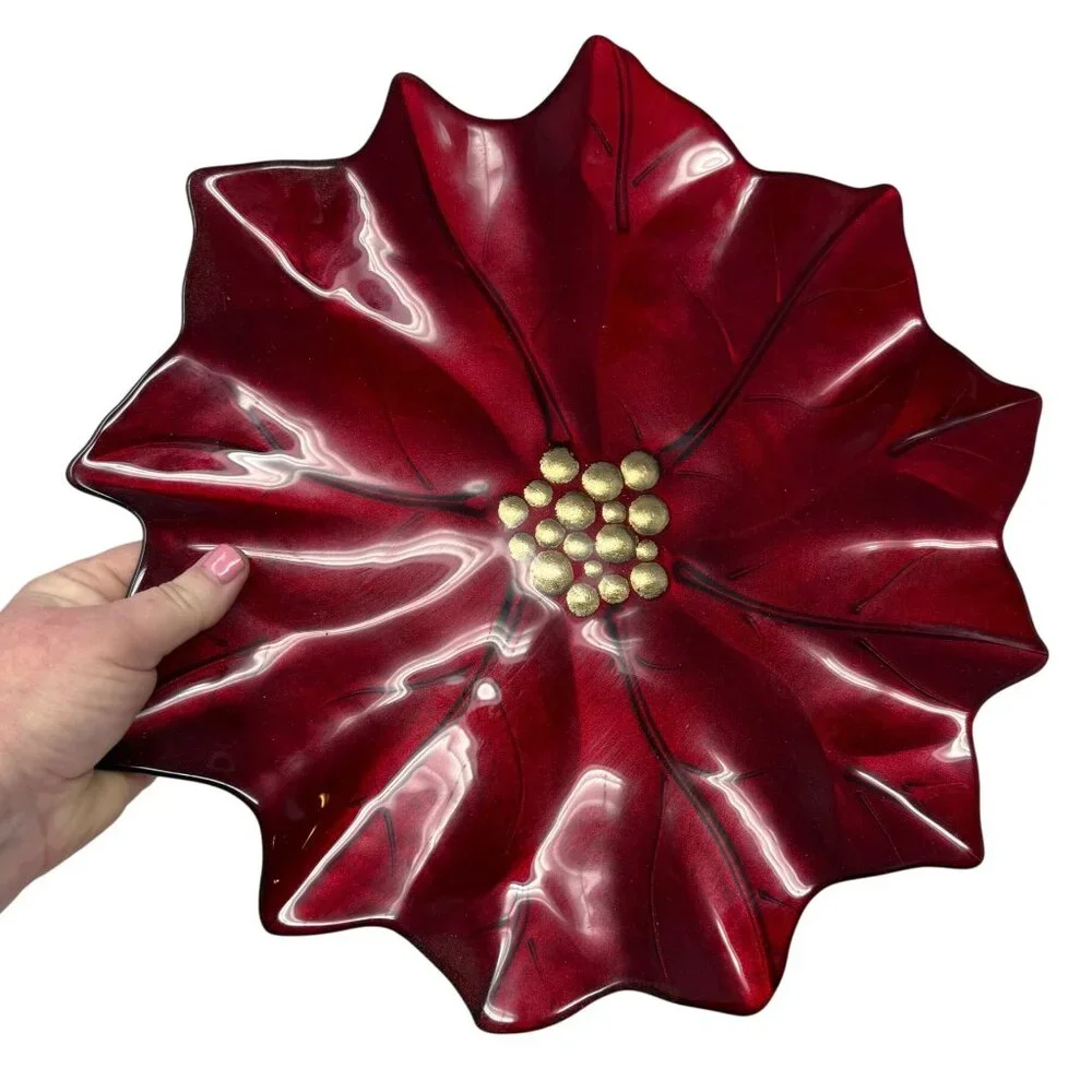 Vintage Pier 1 Poinsettia Glass Platter Red Gold Holiday Serving Platter 14.5” D